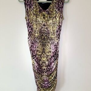 Jennifer Lopez Gold and Purple Bodycon Midi Dress